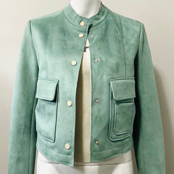 Zara Faux Suede Crop Moto Jacket Green - Picture 2 of 7